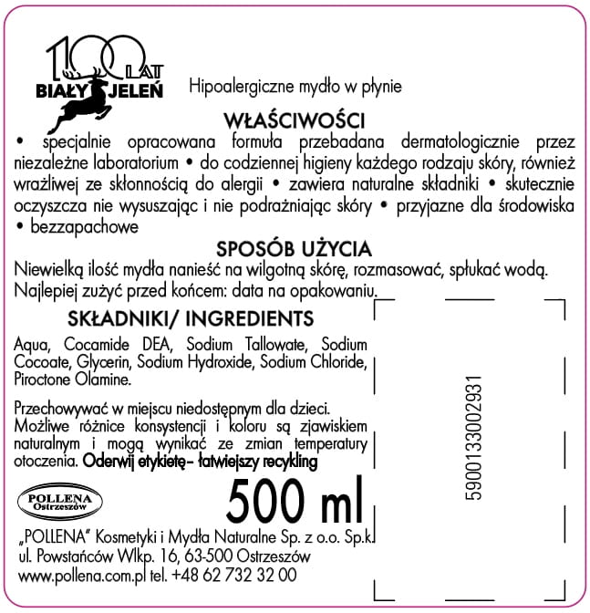 Biały Jeleń hipoalergiczny mydło w płynie pompka 500ml