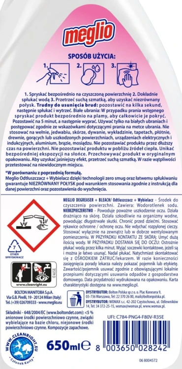 Środek czyszczący Meglio pianka odtłuszczacz z wybielaczem 0,650 l