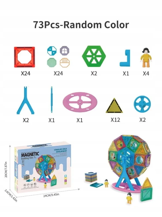 KLOCKI MAGNETYCZNE KONSTRUKCYJNE 3D EDUKACYJNE UKŁADANKA 73 el DLA DZIECI
