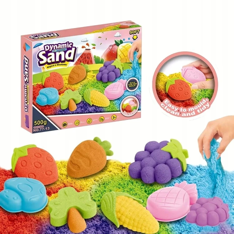Piasek Kinetyczny 500g Zestaw Foremki Owoce Foremki Piasek Sensoryczny