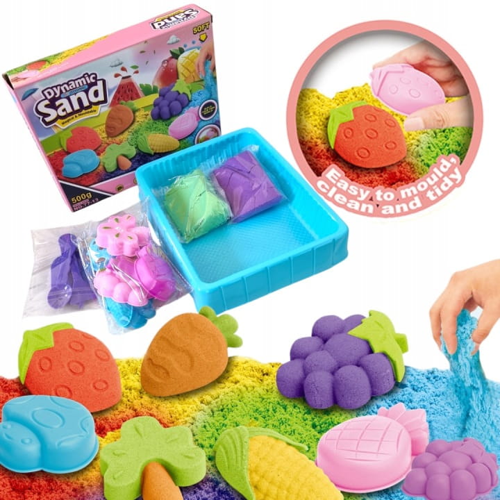 Piasek Kinetyczny 500g Zestaw Foremki Owoce Foremki Piasek Sensoryczny