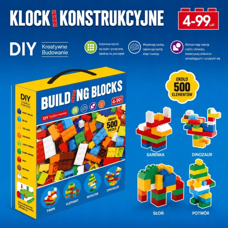 KLOCKI KONSTRUKCYJNE ZESTAW KREATYWNY EDUKACYJNY DLA DZIECI 500 szt PREZENT