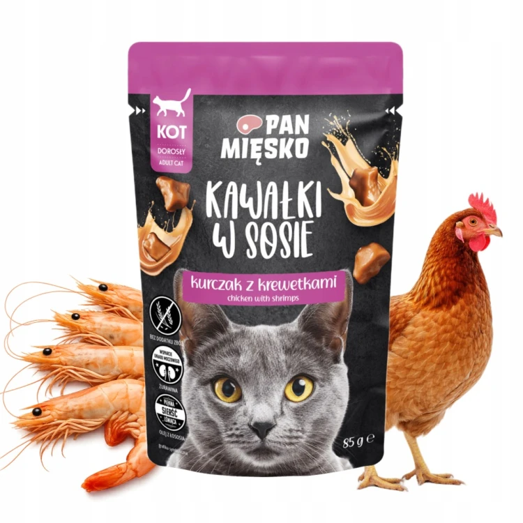 12X Pan Mięsko Karma mokra KOTEK Kawałki w sosie Kurczak z krewetkami 85g