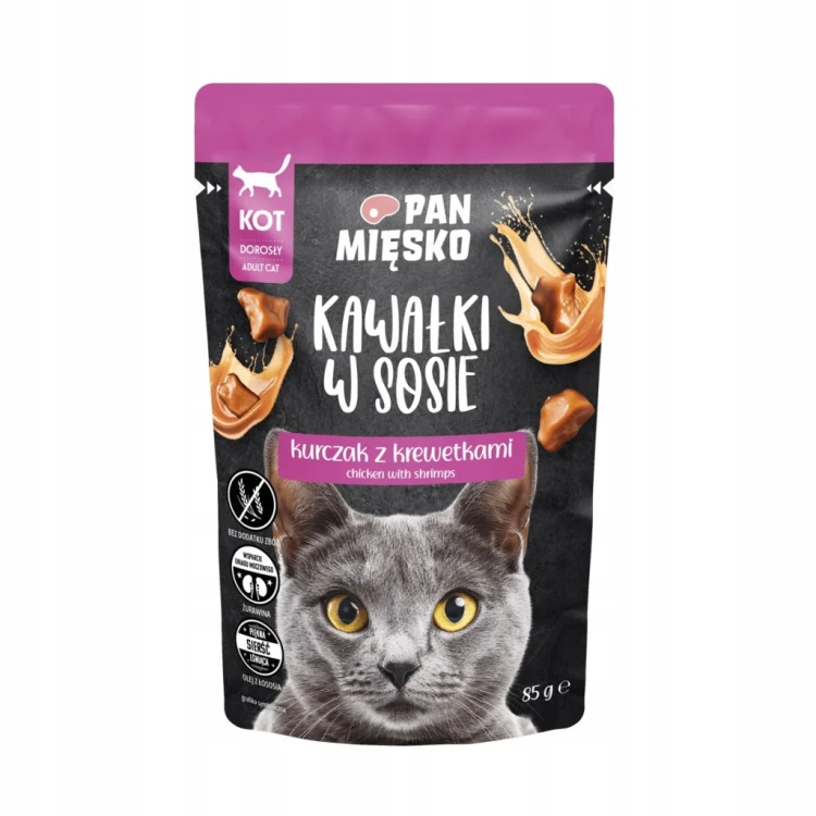 12X Pan Mięsko Karma mokra KOTEK Kawałki w sosie Kurczak z krewetkami 85g